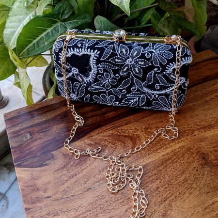 Chikankari Georgette Black Pearl Clutch Bag for Women